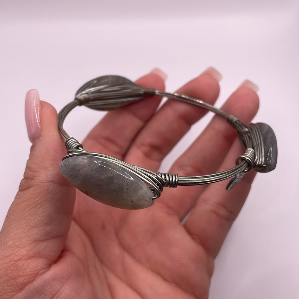 Silver Tone Gray Beaded Bangle Statement Bracelet - image 1